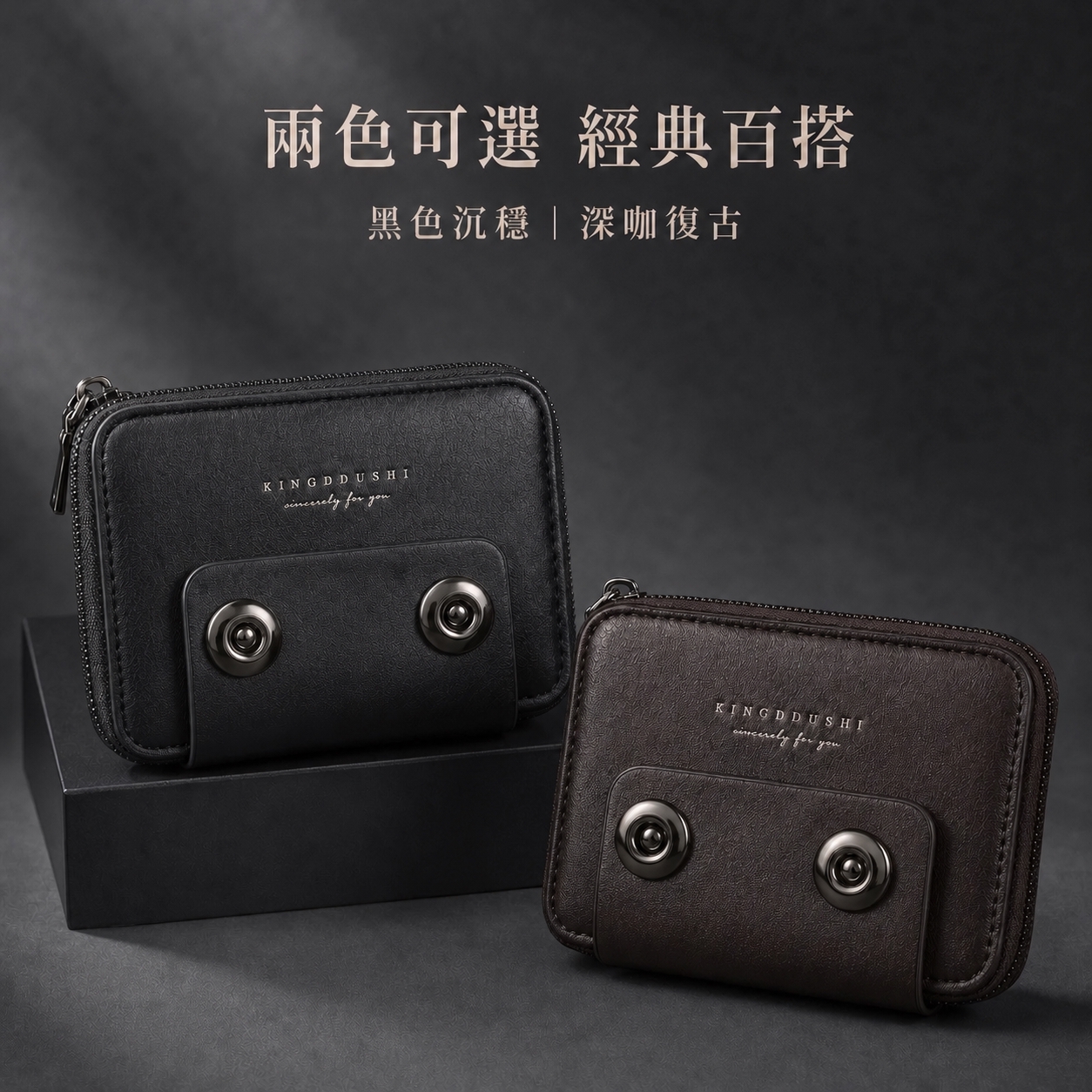 图中两个钱包正面的小皮袋上，各将现有的金属纽扣复制一个，在各自… - 图片创意预览