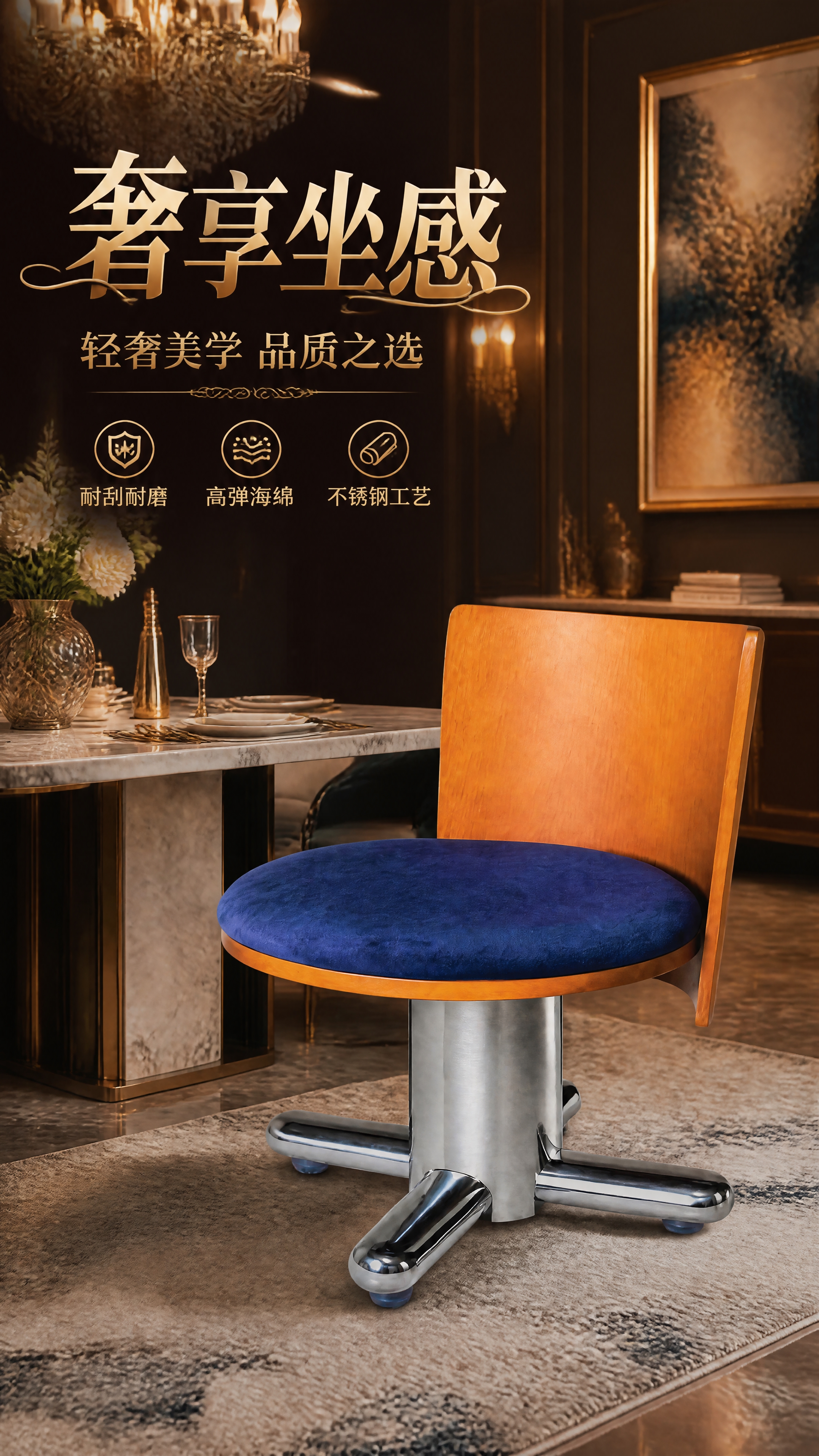 第1张 详情页头图-不锈钢底座实木靠背蓝色软包餐椅主视觉海报。… - 图片创意预览