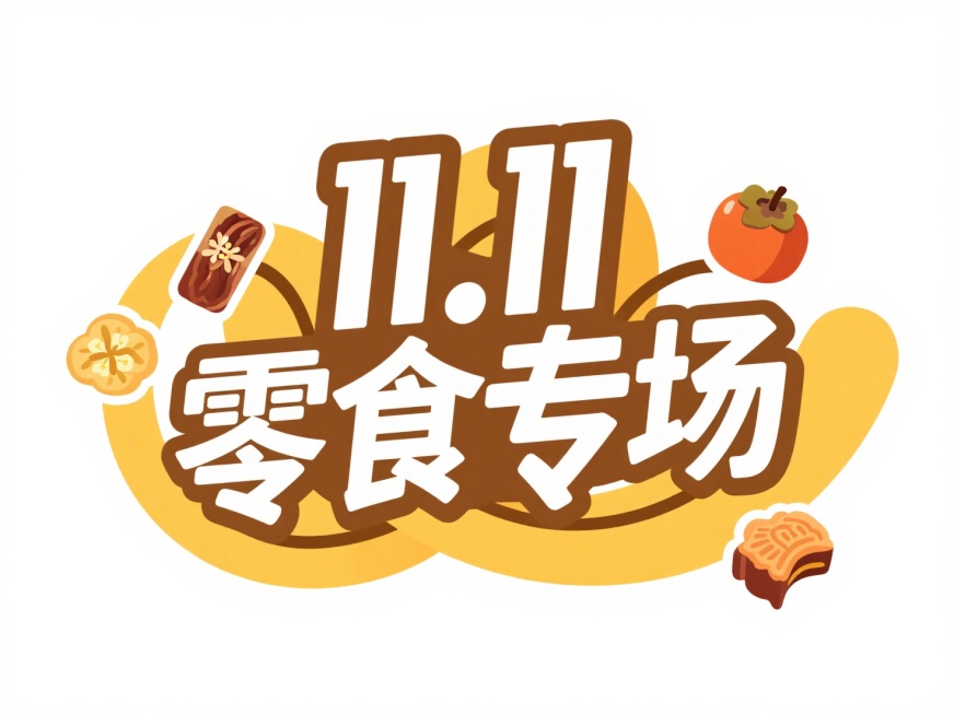 标题“11.11零食专场”，白色字体，整体棕黄配色，文字旁边装饰柿饼和桂花糕等秋冬零食的贴纸，纯白色背景预览效果
