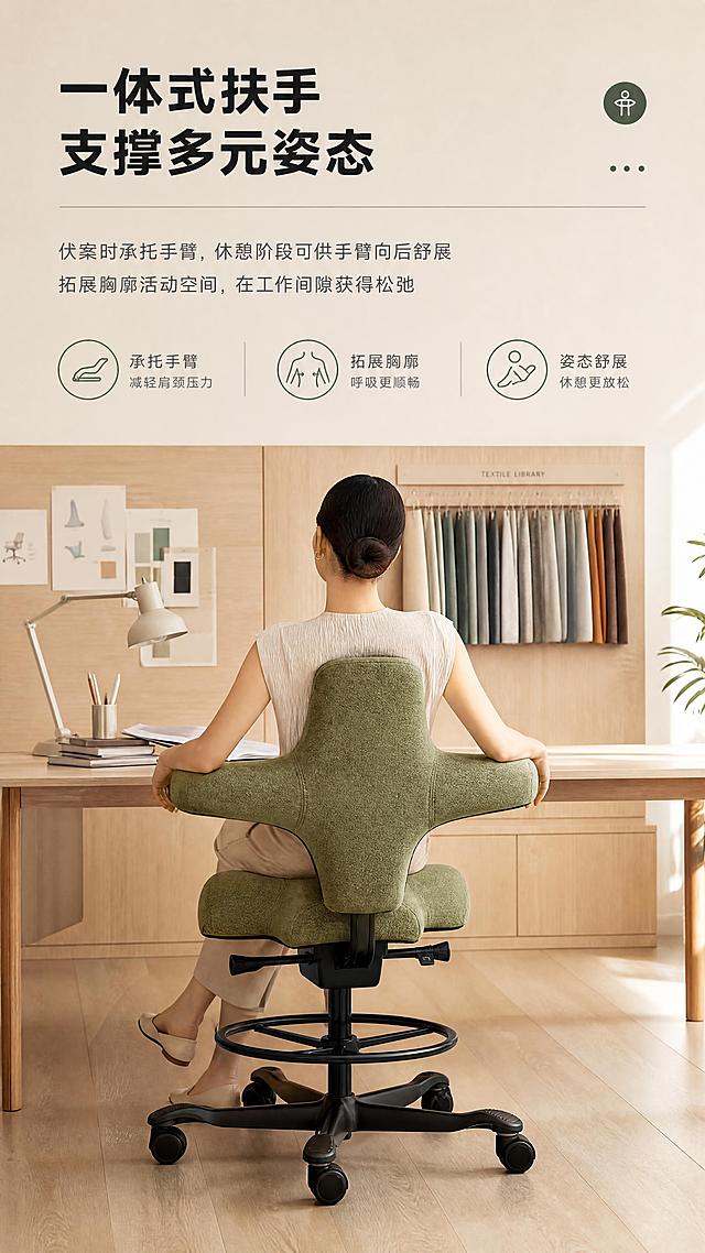 [商品] 使用【图18】限定绿羊毛款工学骑马椅；保留十字形靠背（含两侧扶手翼）、马鞍坐垫、黑色五星脚、脚踏圈、整体结构比例与限定绿羊毛面料纹理。
[画面] 目标：一体式扶手靠背卖点页，展示多元姿态支撑。上文下图构图，顶部约1/5文案区，下方为工作室场景：亚洲女性背对镜头坐在椅上，双臂自然搭在靠背两侧扶手上，身体微后仰，展现扶手承托手臂的状态。产品占画面约65%。背景为浅木色墙面+面料样卡架+书桌台灯，营造设计师工作室氛围。
[视觉] 套系策略：风格=北欧简约高级商业摄影；标题字=现代无衬线粗黑体；正文字=简洁无衬线体；主色=限定绿+浅木色+米白；背景延展=基于米白/浅木色做深浅层级和细腻质感；强调色=深墨绿，仅用于小图标和引线；标题色=炭黑色；正文色=暖灰色；组件=细线分隔、极简icon；光影=右前侧暖柔光，窗边自然光感。
[文字] 顶部：主标题"一体式扶手 支撑多元姿态"（两行大字），副标题三行"伏案时承托手臂，休憩阶段可供手臂向后舒展""拓展胸廓活动空间，在工作间隙获得松弛"。文字均为横排。
[规格] 图片比例9:16竖版，4K，负向：变形、错字、文字过小、颜色改变、结构失真。
