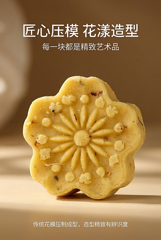 2:3竖屏，中式细节特写杂志风，严格还原上传的产品图，包括花型造型、颜色、桂花碎分布、质地质感等所有细节，产品尺寸比例保持1:1。主标题「匠心压模 花漾造型」，副标题「每一块都是精致艺术品」，画面中心为产品花型正面特写，放大展示花瓣纹路、桂花碎细节与绵密质感，背景为深米色渐变加柔焦光影，顶部标注产品名，底部用小字解析「传统花模压制成型，造型精致有辨识度」，全部文字采用统一无衬线字体，突出工艺细节与高级感