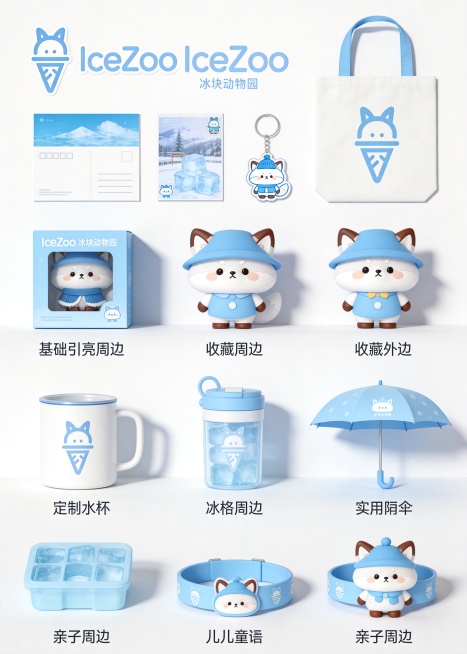 将品牌logo“IceZoo冰块动物园”和蓝帽子狐狸IP形象融合，设计展示四类周边物料在同一张图：1.基础引流周边：IP形象贴纸、明信片、钥匙扣、帆布包；2.收藏周边：狐狸动物IP盲盒和立体公仔；3.预览效果