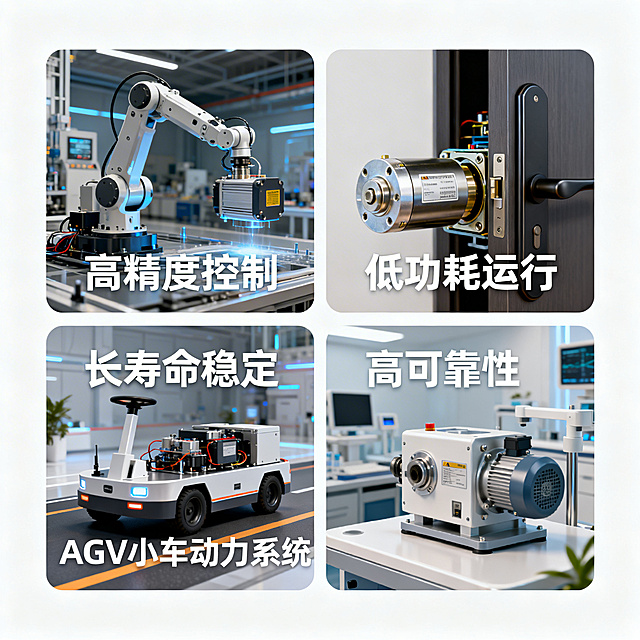 四宫格场景应用展示图，左上：工业机械臂使用电机场景，右上：智能门锁内部电机特写，左下：AGV小车动力系统，右下：医疗设备驱动装置，每个场景配白色半透明文字说明应用优势，背景为白色，整体风格干净专业