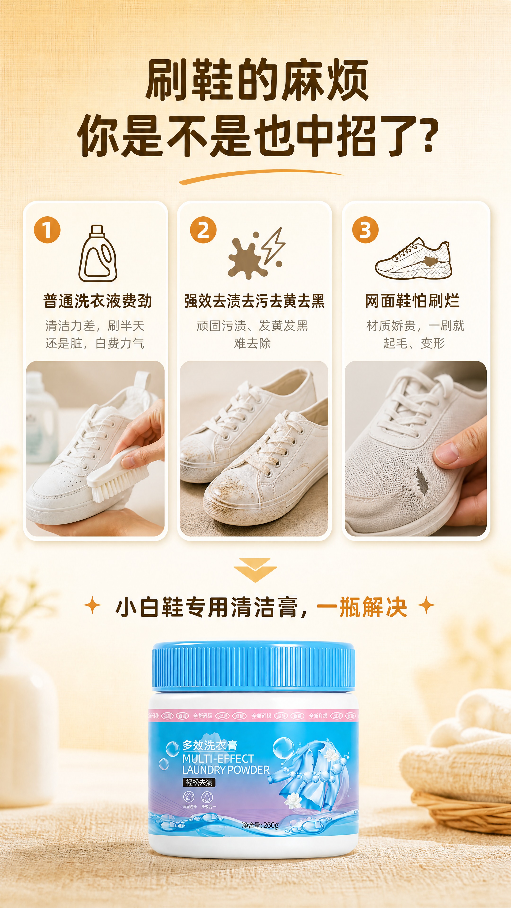 [详情页-屏2] 痛点场景，展示刷鞋三大痛点引出产品。 [统一… - 图片创意预览