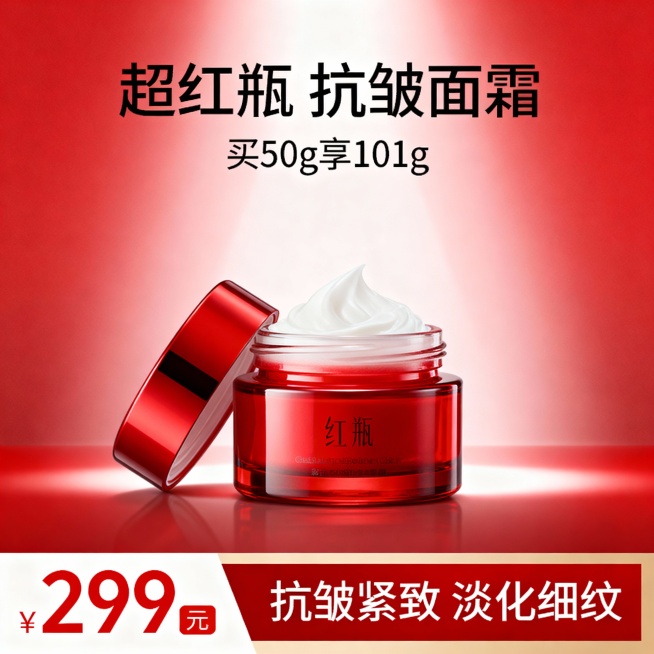 面霜电商主图，顶部核心信息区主标题“超红瓶 抗皱面霜”，副标题“买50g享101g”，中部商品展示区居中放置红色瓶身面霜，开盖露出白色膏体，背景为渐变红色，底部辅助信息区通栏设计，左侧“299元”白色预览效果