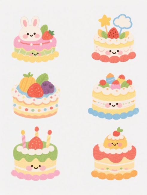 六个不同造型的卡通蛋糕系列插画，每个蛋糕都有独特的装饰和配色，保持手绘水彩风格，白色纯色背景，画面整体色彩变换丰富，包含小兔子、水果、星星、云朵等元素，规整排布成系列素材集合，每个蛋糕造型各异但风格统一，线条圆润可爱，色彩鲜艳明快，细节丰富，充满童趣和温馨感。预览效果