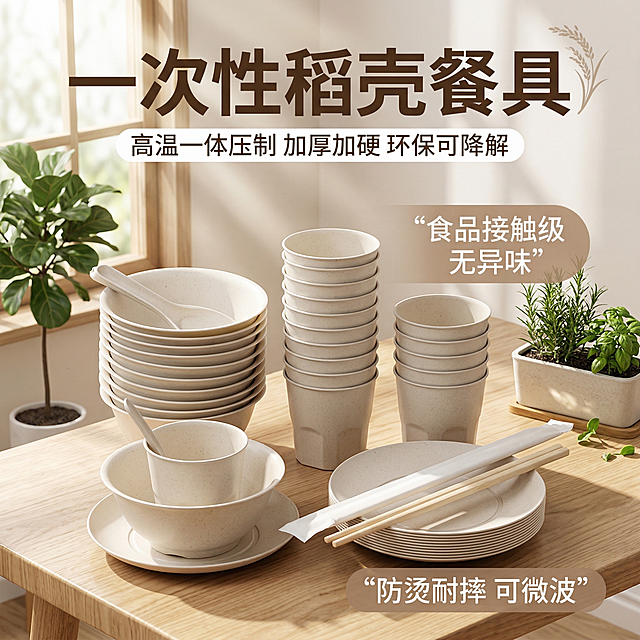 保持图片中的一次性稻壳餐具主体（碗、杯子、勺子、盘子、筷子）物理结构不变，原有文字保持原样，将背景替换为温馨的北欧风阳光厨房场景，有浅色木质餐桌、柔和的窗边漫射光，加入绿植光斑元素，添加卖点文案：“食品接触级 无异味 防烫耐摔 可微波”，整体氛围干净明亮，符合国内电商种草风格