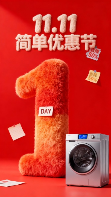 主视觉为一个红橙色渐变毛绒材质的“1” ，“DAY”标签位于数字“1”上，商品位于画面右下角，背景是高饱和红色结合便签纸元素，画面上方为毛绒主标题“11.11 简单优惠节”，“直降50%”便利贴装饰。预览效果