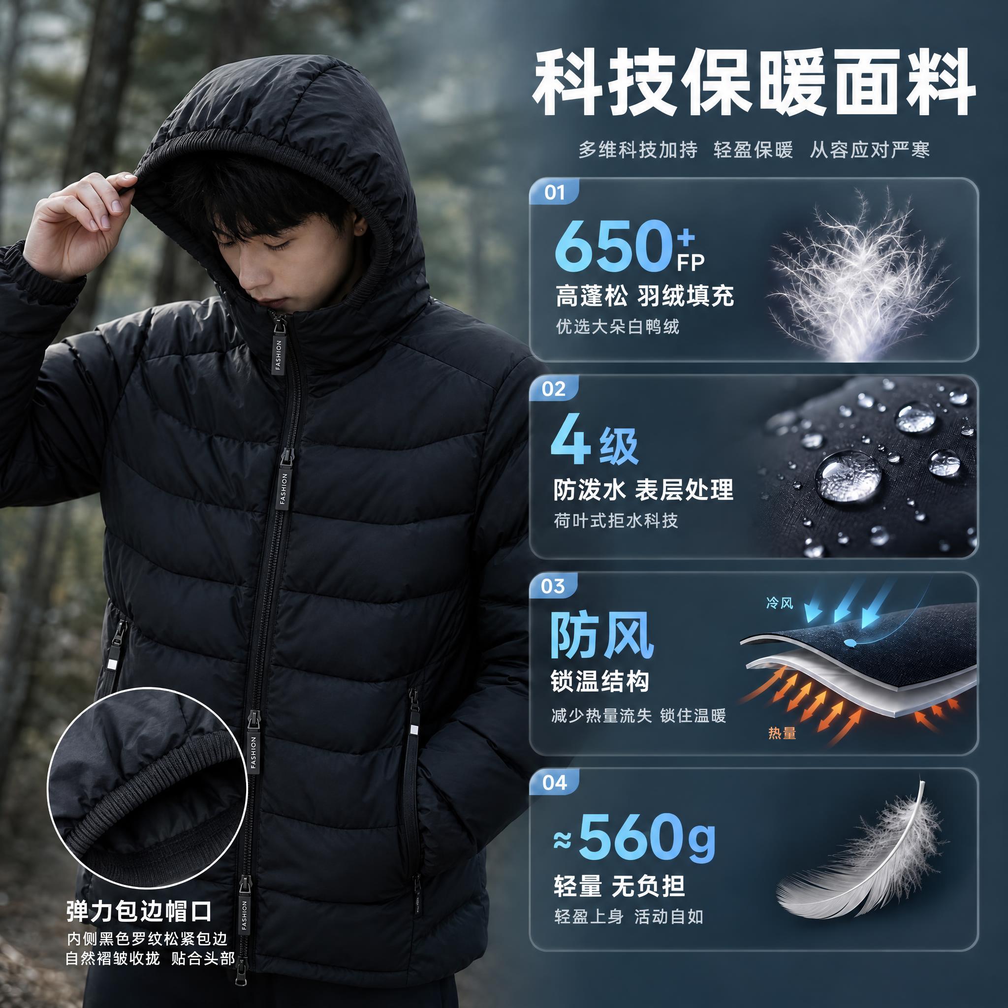 修改男士黑色轻薄连帽羽绒服的以下细节，其他保持不变：1.帽口改… - 图片创意预览