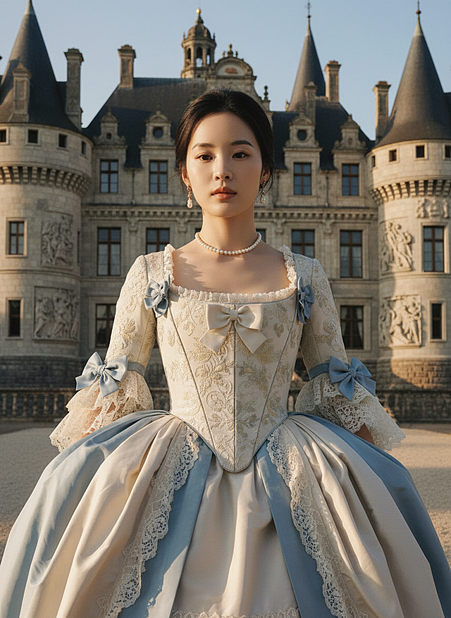 图片中的女生在欧式城堡下，衣服换成古典欧洲贵族服装