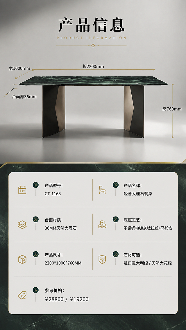 [商品] 使用【图1】CT-1168天然大理石餐桌；保留整体结构、比例、造型；商品处理：餐桌正侧视角度，清晰展示整体轮廓，用于参数对照，结构不变。
[画面] 目标：产品信息收口，规格参数总览。构图：上下分区型，上半部分45%为餐桌正侧视展示+尺寸引线，餐桌占画面约40%，居中放置。下半部分55%为参数表格区，深灰色背景上的浅色信息卡表格。背景：浅灰到深灰渐变，简洁专业。
[视觉] 套系策略：风格=意式轻奢高端商业摄影；标题字=现代衬线粗体（高端感）；正文字=简洁无衬线体；主色=深墨绿+高级灰；背景延展=基于深墨绿与高级灰做同色系深浅渐变、大理石纹理质感与哑光金属质感延展；强调色=香槟金，仅用于小面积图标、引线、标签和装饰线条；标题色=炭黑色；正文色=中灰色；组件=细线信息卡、金属质感引线、圆形序号标；光影=左前侧暖柔光+右侧轮廓逆光，形成立体光影层次。
[文字] 上半部分顶部标题「产品信息」（4字）。餐桌旁引线标注关键尺寸：长2200mm、宽1000mm、高760mm、台面厚36mm。下半部分参数表（横向排版，两行一列分组）：「产品型号：CT-1168」「产品名称：轻奢大理石餐桌」「台面材质：36MM天然大理石」「底座工艺：不锈钢电镀灰钛拉丝+马鞍皮」「产品尺寸：2200*1000*760MM」「石材可选：进口意大利绿 / 天然大花绿」「参考价格：¥28800 / ¥19200」。文字清晰可读，全部横向排版。
[规格] 图片比例9:16竖版，4K分辨率，负向提示：避免变形、错字、文字过小、塑料质感、颜色偏差、结构改变、竖排文字、极限词、参数错误。