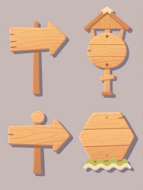 一系列4个不同造型的木制指示牌，保持原木色木纹质感和相同的指示牌内容，每个指示牌具有独特的样式：第一个是箭头形状带圆角边缘，第二个是矩形带三角形顶部装饰，第三个是圆形牌面配十字形支架，第四个是六边形牌面带波浪形底部，所有指示牌均为卡通风格插画，带有轻微阴影效果，纯色背景，规整排布成两行两列的集合展示。预览效果
