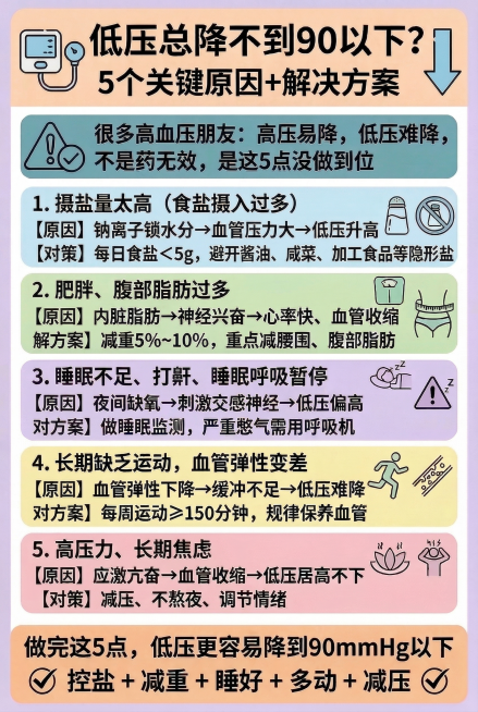 修正第1条和第5条的文字内容：第1条血容量过多部分文字修改为【原因】钠离子锁水分→血管压力大→低压升高，【对策】每日食盐＜5g，避开酱油、咸菜、加工食品等隐形盐；第5条压力大、焦虑、长期紧张部分文字修预览效果