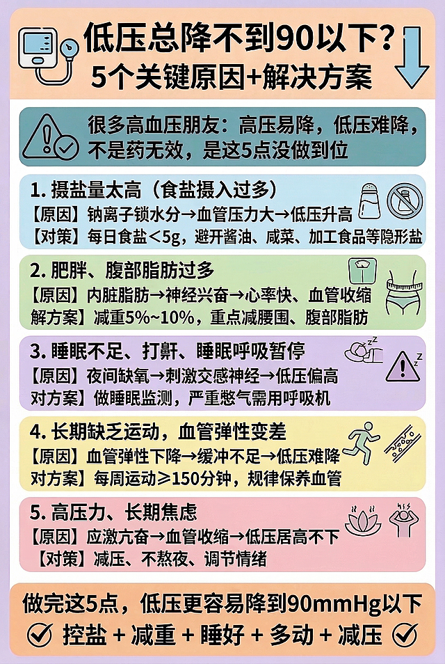 修正第1条和第5条的文字内容：第1条血容量过多部分文字修改为【原因】钠离子锁水分→血管压力大→低压升高，【对策】每日食盐＜5g，避开酱油、咸菜、加工食品等隐形盐；第5条压力大、焦虑、长期紧张部分文字修改为【原因】应激亢奋→血管收缩→低压居高不下，【对策】减压、不熬夜、调节情绪。其余内容、配色、排版、图标均保持不变。