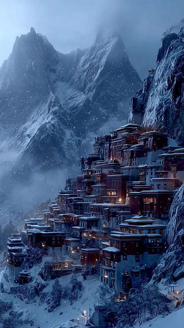 masterpiece, 8k, ultra-detailed, photorealistic, cinematic aerial wide shot, epic fantasy scene, a massive ancient Tibetan monastery complex built into the snow-covered sheer mountain cliffs, thousands of multi-tiered traditional red and white buildings cascading down the mountain slopes, golden roof accents, snow-covered rooftops, intricate wooden architecture, warm glowing lights in the windows, vast snow-capped jagged peaks surrounding the valley, mist and low clouds wrapping around the mountains, soft volumetric sunlight piercing through the fog, dramatic light rays, cold blue-gray color palette, hyperrealistic snow and stone textures, atmospheric perspective, depth of field, floating snow particles, moody and ethereal, sacred and serene vibe, --ar 9:16 --style raw