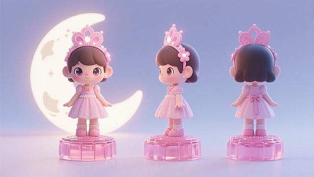 梦幻软3D风，可爱卡通公主，粉色礼服与皇冠，营造童话般温馨场景。