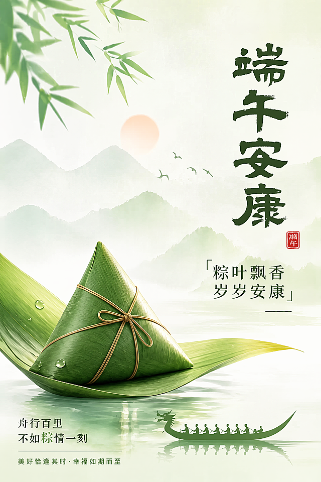 参考原图风格，生成端午节宣传海报，A3竖版，保留画面元素：粽子放在粽叶上漂浮在水面，竹叶背景，水墨远山，龙舟，文字内容'端午安康'、'粽叶飘香 岁岁安康'、'舟行百里 不如粽情一刻'、'美好恰逢其时·幸福如期而至'，整体清新国风浅绿色调，300dpi，RGB色彩模式