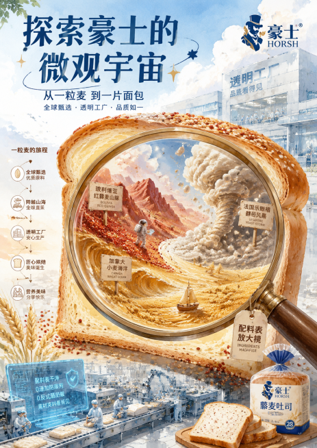 平面海报设计，海报标题为"探索豪士的微观宇宙"，工厂向清新治愈水彩风格，画面主体是一块巨大的藜麦吐司，吐司旁边放着一个"配料表放大镜"，透过放大镜镜头，吐司内部是由玻利维亚红藜麦山脉、加拿大小麦海洋和预览效果