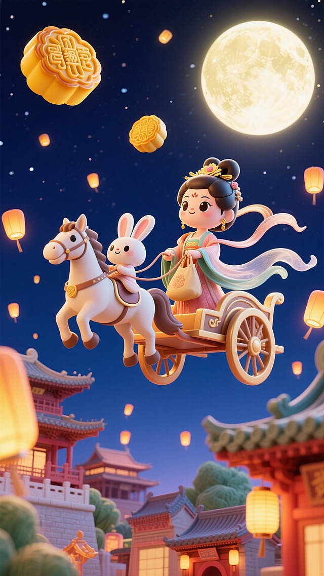 天空上Q版嫦娥驾着马车，拿着袋子，Q版小玉兔坐在马上，空中悬浮许多月饼，下方是武清特色建筑交织的景观，背景夜空，点缀月亮和小灯笼