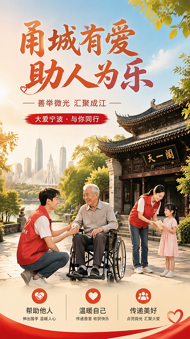 助人为乐主题公益宣传海报，包含宁波标志性建筑宁波天一阁。主标题文字"甬城有爱 助人为乐"，副标题文字"善举微光 汇聚成江"，装饰文案"大爱宁波 · 与你同行"，卖点文字"帮助他人""温暖自己""传递美好"。写实公益宣传风格，温暖明亮色调，画面干净通透，版式精美，9:16比例，弘扬传统美德，展现宁波文化底蕴