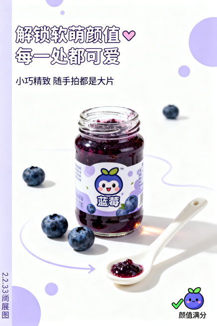 「图片1」第1屏：主视觉封面（引流屏）主标题：软萌蓝莓果酱✨ 一口解锁治愈感副标题：高果肉无添加 颜值与口感双在线排版布局：上半部分为主副标题（居中对齐，主标题深蓝莓紫加粗，副标题浅粉色，字体圆润卡通预览效果