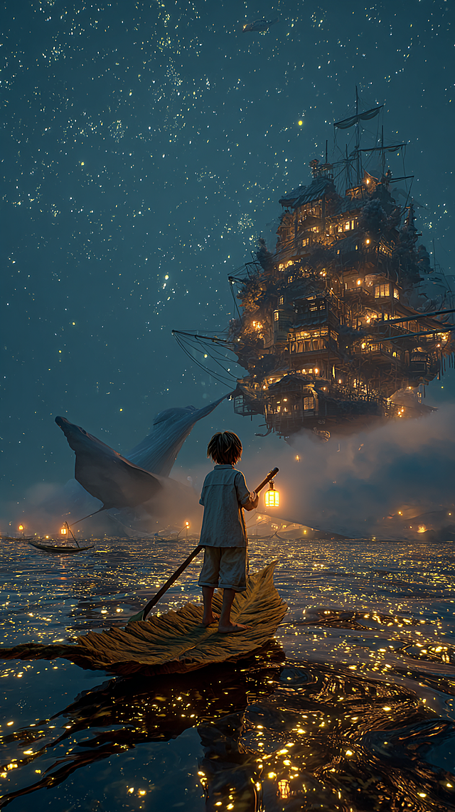 Wide-angle, low perspective shot of a magical night journey. From behind, we see a small child in rumpled pajamas standing bravely on a leaf-boat, guided by a swirling river of golden light emitted from thousands of tiny, glowing fish beneath the water's surface. His lantern-goldfish is a bright focal point. The incredible destination: a huge, intricate treehouse floating among misty clouds and slow-moving whales in the starry sky, connected by a rope bridge. Art style: a mix of the fantasy of Studio Ghibli and the painterly light of James Gurney. Cinematic, awe-inspiring, yet deeply cozy.
