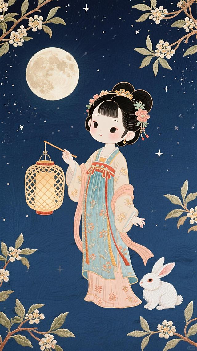 插画风融合工笔与刺绣质感，古风少女持灯伴玉兔，月下花枝环绕，梦幻温馨，尽显中式古典浪漫。