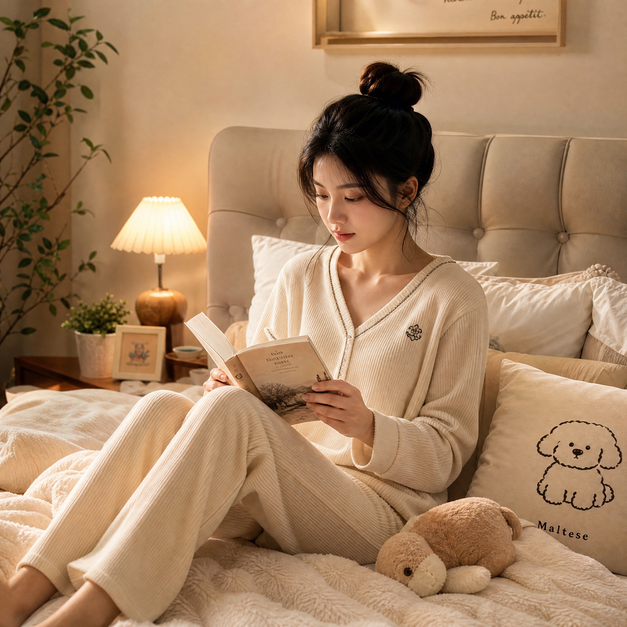 一位中国美女悠闲地坐在柔软的床上看书，她穿着舒适的家居服，神情… - 图片创意预览