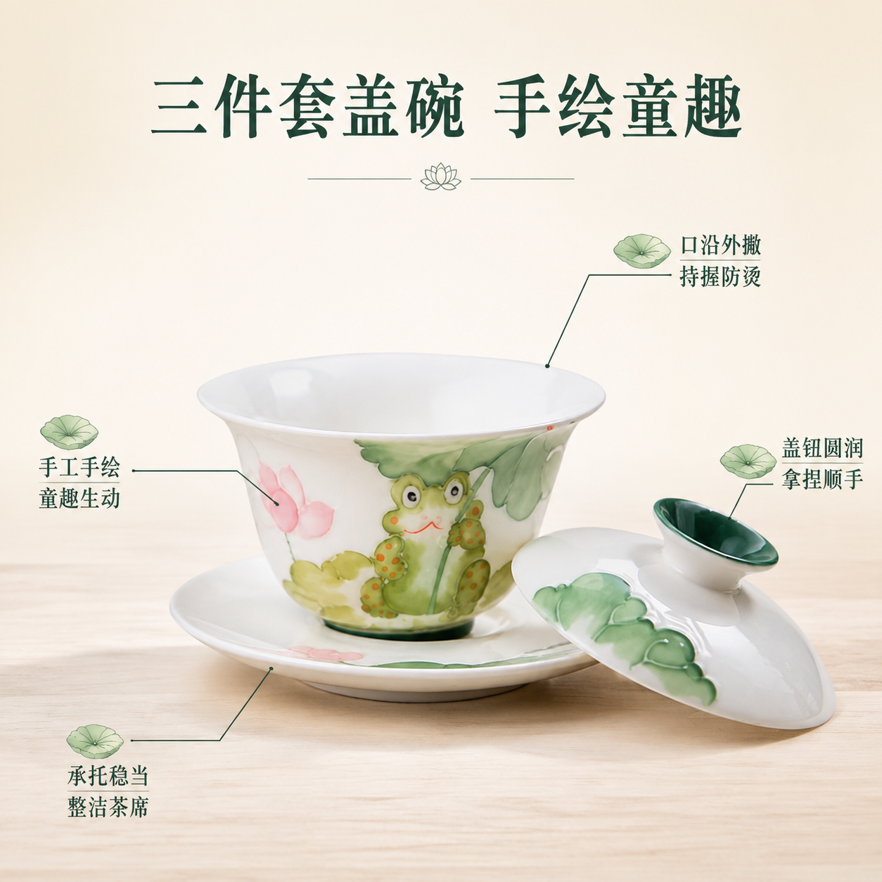 [主图-2] 手绘青蛙荷花盖碗 核心亮点 三件套结构与工艺展示… - 图片创意预览