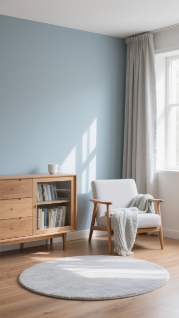 简约北欧风格室内场景，整体配色改为柔和的灰蓝色调墙面，搭配浅灰色亚麻窗帘，原木色实木边柜上放置白色陶瓷杯，边柜玻璃门内整齐排列书籍，旁边是原木色扶手椅，椅上搭着浅灰色针织毯，地面铺设浅灰色圆形地毯，阳光透过窗户在墙面投下柔和的光影，木地板呈现温暖的浅棕色，营造宁静舒适的居家氛围，光线明亮柔和，空间布局简洁有序，家具线条流畅自然，细节质感细腻。预览效果