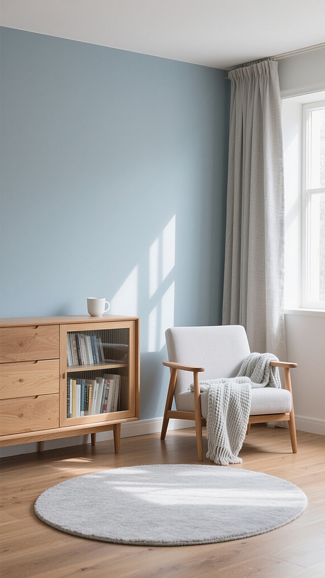 简约北欧风格室内场景，整体配色改为柔和的灰蓝色调墙面，搭配浅灰色亚麻窗帘，原木色实木边柜上放置白色陶瓷杯，边柜玻璃门内整齐排列书籍，旁边是原木色扶手椅，椅上搭着浅灰色针织毯，地面铺设浅灰色圆形地毯，阳光透过窗户在墙面投下柔和的光影，木地板呈现温暖的浅棕色，营造宁静舒适的居家氛围，光线明亮柔和，空间布局简洁有序，家具线条流畅自然，细节质感细腻。