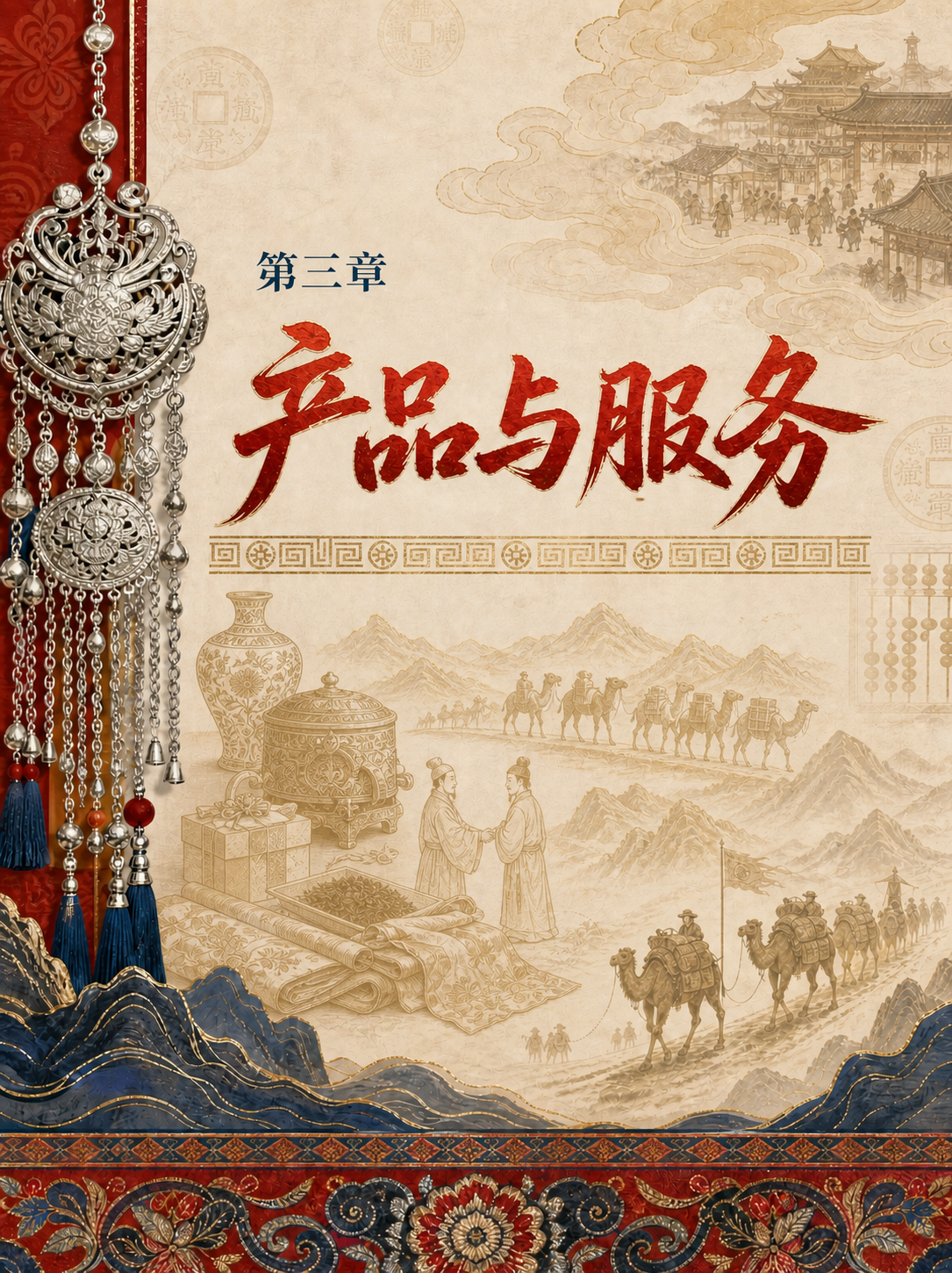 参考图风格的中国风丝绸之路主题章节页设计，米色做旧宣纸纹理背景… - 图片创意预览