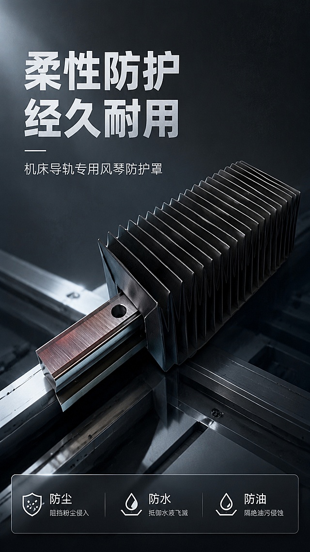 [第1屏] 详情页头图-风琴防护罩产品宣传海报。本屏使用【图1】作为商品主体。
[氛围/风格] 专业工业风，深灰工业背景，商业摄影质感，清晰突出产品轮廓。
[元素布局] 风琴防护罩放置在画面中偏右上位置，占比约70%；左上方预留主副标题区域，下方增加简约工业场景底纹；产品风琴褶皱结构、材质颜色、整体轮廓保持与输入产品图一致。
[光影质感] 左侧打硬光，右侧自然阴影，突出风琴褶皱的层次感和面料材质，产品整体清晰锐利。
[配色色系] 全局底色 #2A2E33；主色深灰工业风；辅助色浅灰文字、白色高光。
[视角构图] 45度斜侧视角，产品为视觉中心，阅读动线左上标题 → 中右产品 → 底部信息。
[文字版式] 版式为左上标题 + 中右产品 + 底部信息条。主标题“柔性防护 经久耐用”，副标题“机床导轨专用风琴防护罩”，主标题加粗加大，副标题弱化显示；底部信息条标注“防尘防水防油”，文字不遮挡产品主体。
[比例分辨率] 9:16竖版比例，4K分辨率，文字清晰可辨，高清画质。
[负向提示词] 产品变形，缺件错件，颜色偏差，水印，文字错乱，产品图模糊，背景杂乱。