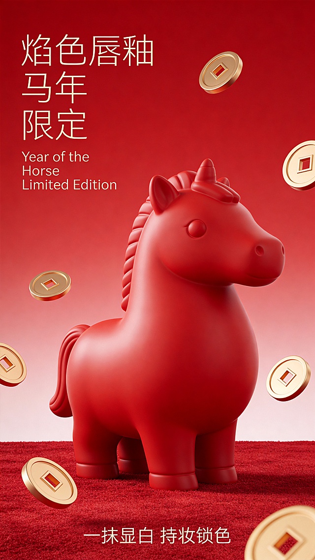 软3D风国潮设计，红马造型搭配金 coin 飞舞，喜庆氛围浓郁，马年限定主题突出，塑料质感强化视觉冲击。