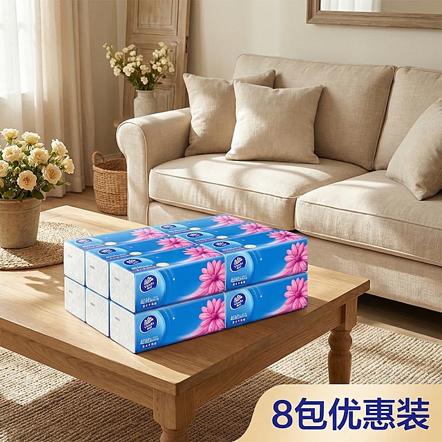 将8包维达超韧纸巾整齐堆放在温馨简约的米色客厅场景中，保持每个产品原有Logo和文字不变，保持产品主体结构不变。整体采用法式奶油风，全屋漫射柔光，低饱和度暖色调，画面明亮通透。添加阳光光斑作为氛围点缀，构图采用三分法，预留文案展示区域。右下角添加醒目文案"8包优惠装"，保证文字清晰工整。西方面孔、金发、深眼窝、雀斑、杂乱房间、死黑阴影、硬光、乡村风、高对比度、文字错误、Logo变形、比例失调、多余部件、畸变透视