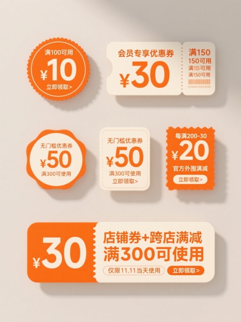 六个不同配色、不同样式、不同材质的优惠券造型，采用上下两行对齐排列在浅色背景上。整体为简约扁平风格，主色调为橙色系与米白色搭配，色彩和谐明快，光影处理简洁柔和无明显阴影。上方第一行从左到右分别是：圆形券，橙色边框内有“满100可用 ¥10 立即领取>”文字；长方形带票根券，米白色底橙色文字“会员专享优惠券 ¥30 满150可用 立即领取>”。下方第二行从左到右分别是：带圆角的长方形券，橙色边框……预览效果