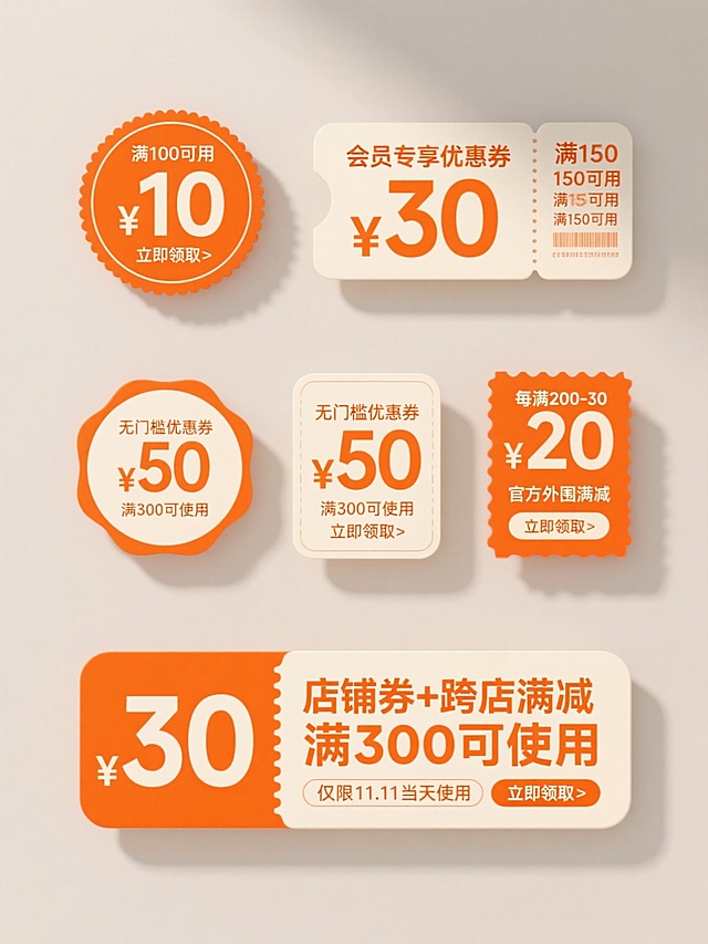 六个不同配色、不同样式、不同材质的优惠券造型，采用上下两行对齐排列在浅色背景上。整体为简约扁平风格，主色调为橙色系与米白色搭配，色彩和谐明快，光影处理简洁柔和无明显阴影。上方第一行从左到右分别是：圆形券，橙色边框内有“满100可用 ¥10 立即领取>”文字；长方形带票根券，米白色底橙色文字“会员专享优惠券 ¥30 满150可用 立即领取>”。下方第二行从左到右分别是：带圆角的长方形券，橙色边框米白底“无门槛优惠券 ¥50 满300可使用 立即领取>”；橙色长方形券“¥20 每满200-30 官方外围满减 立即领取>”；底部为一个横向较长的长方形券，左侧橙色底白色“¥30”，右侧米白底橙色文字“店铺券+跨店满减 满300可使用 仅限11.11当天使用 立即领取>”。所有券面文字均为清晰的无衬线字体，排版简洁信息明确，视觉层级分明，突出金额和“立即领取”按钮，整体设计具有现代电商优惠券的典型特征，氛围明快促销感强。