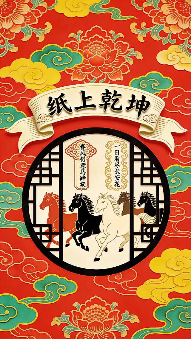 国潮风剪纸浮雕融合，红金配色尽显喜庆，窗格内骏马奔腾，传统纹样衬托中式复古韵味，节日氛围浓厚。