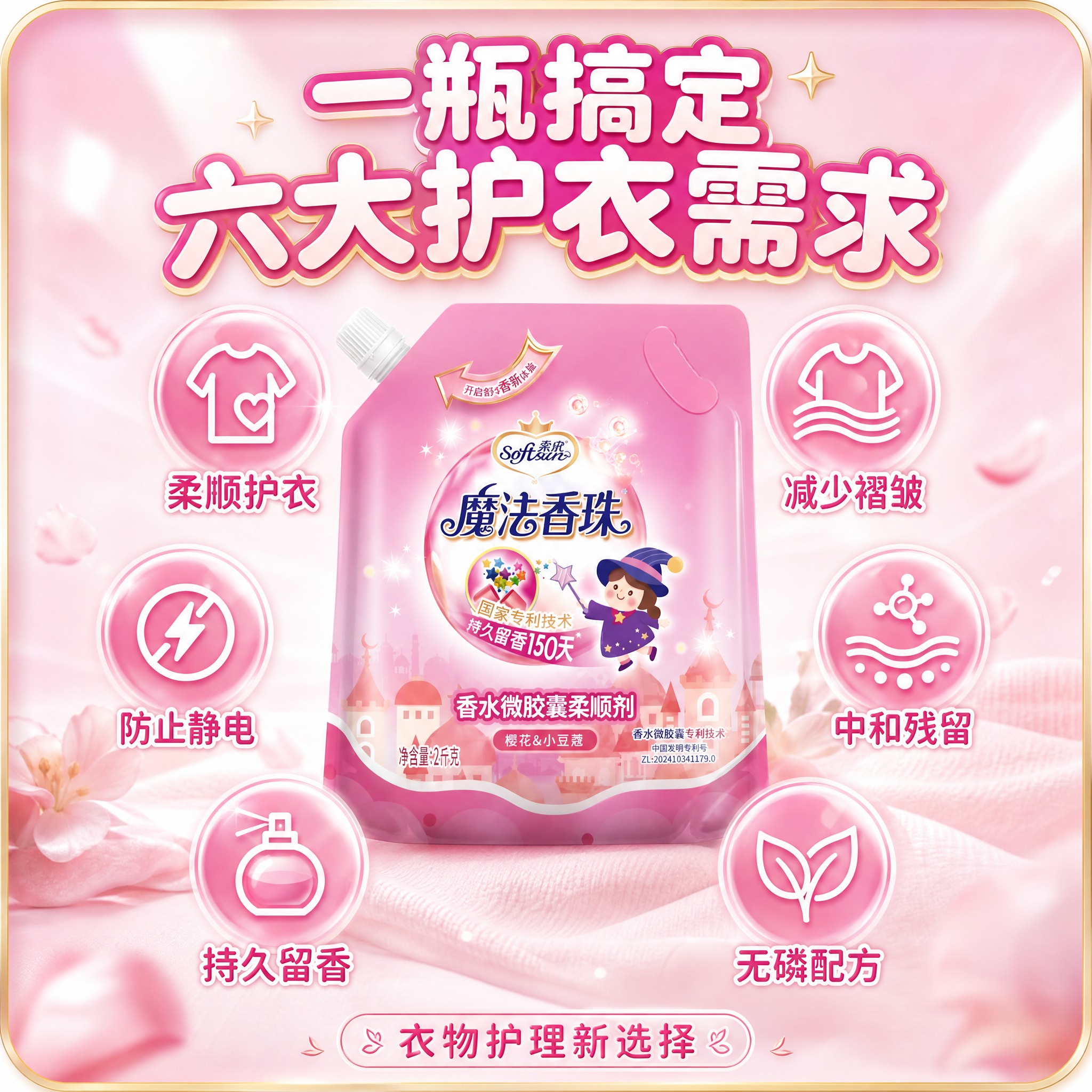 [主图-3] 多功效卖点总览图，主题为柔顺剂六大核心功效全面展… - 图片创意预览