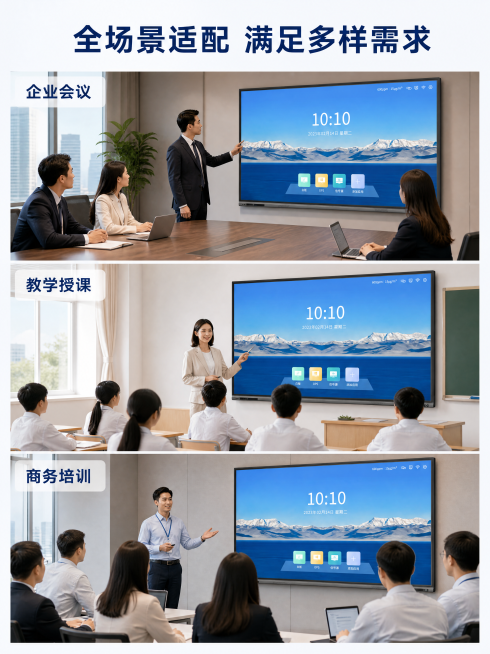 [第8屏] 多场景适配展示：智能会议平板全场景应用
[氛围/风格] 场景拼贴，生活方式展示，专业商务风
[元素布局] 整屏分成三个场景小图，从上到下依次：企业会议室场景、学校多媒体教室场景、商务培训现预览效果
