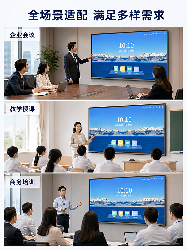 [第8屏] 多场景适配展示：智能会议平板全场景应用
[氛围/风格] 场景拼贴，生活方式展示，专业商务风
[元素布局] 整屏分成三个场景小图，从上到下依次：企业会议室场景、学校多媒体教室场景、商务培训现场场景，每个场景都包含本产品主体使用状态，保持产品外观结构颜色与输入图一致。每个场景占横向通栏，高度均匀分配，添加浅蓝分隔线，场景背景真实自然。
[光影质感] 每个场景光照符合环境特点，会议室柔和、教室明亮、培训现场自然，产品在每个场景中都清晰突出
[配色色系] 全局底色 #F5F7FA，每个场景保持真实环境色，产品保持原有颜色，分隔线浅蓝色，文字深蓝色
[文字版式] 顶部标题「全场景适配 满足多样需求」大字深蓝色居中。每个场景左侧标注场景名称：「企业会议」「教学授课」「商务培训」，文字叠在场景左上角浅色蒙层上，清晰可读不遮挡产品
[比例分辨率] 3:4 竖版，4K分辨率
[负向提示词] 变形，水印，文字错乱，产品变形，场景模糊，背景杂乱
