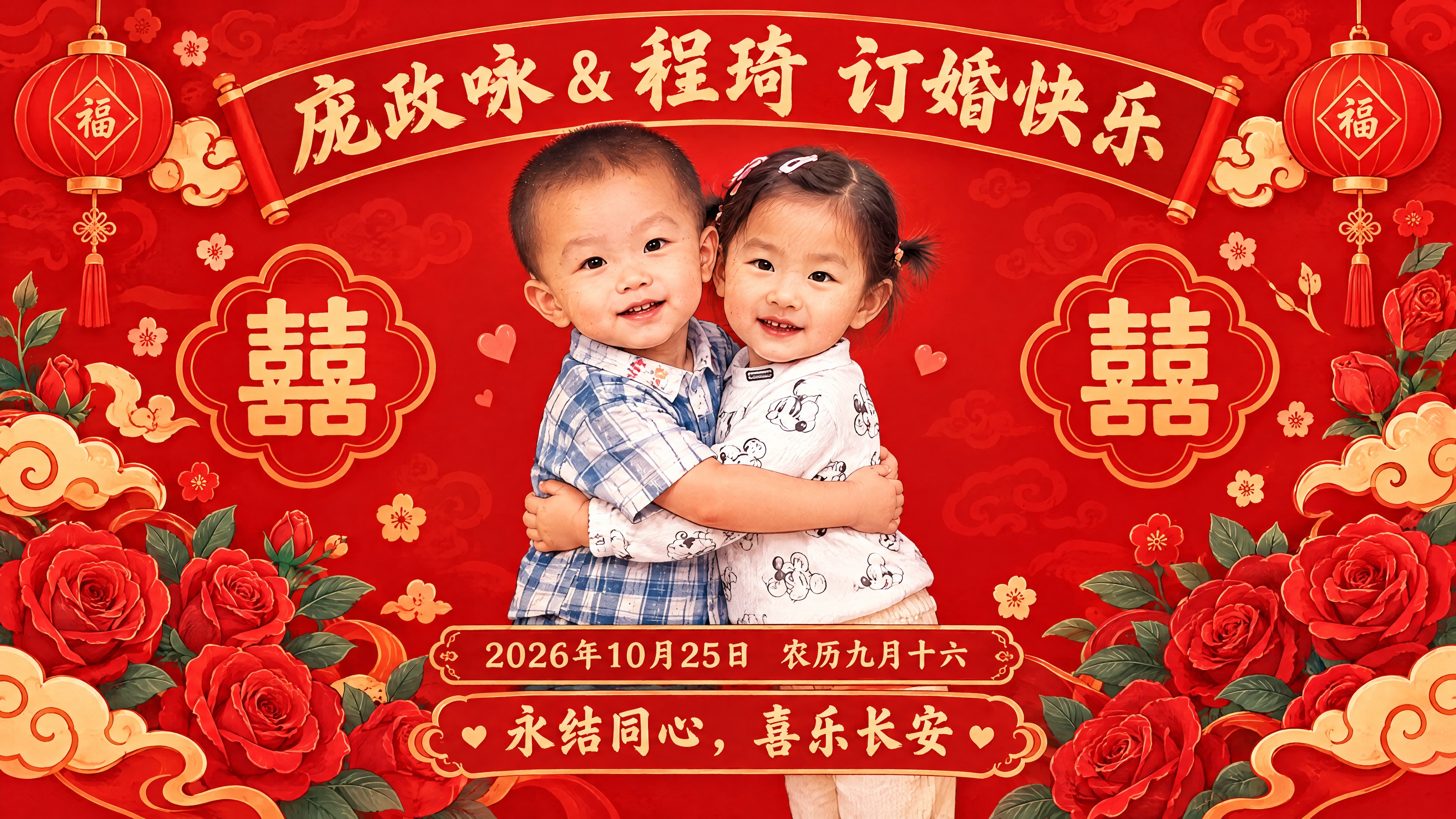 国潮卡通手绘风格订婚背景图，正红色背景，16:9横版。画面中央… - 图片创意预览