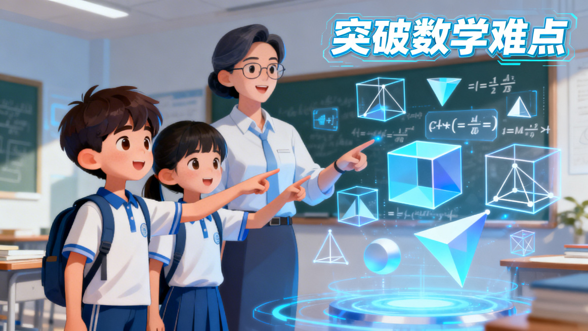 半写实插画风格，16:9比例，卡通学生与虚拟老师一起探索立体几何和代数概念，画面中有3D几何图形和方程式元素，画面右上角用科技感字体显示"突破数学难点"预览效果