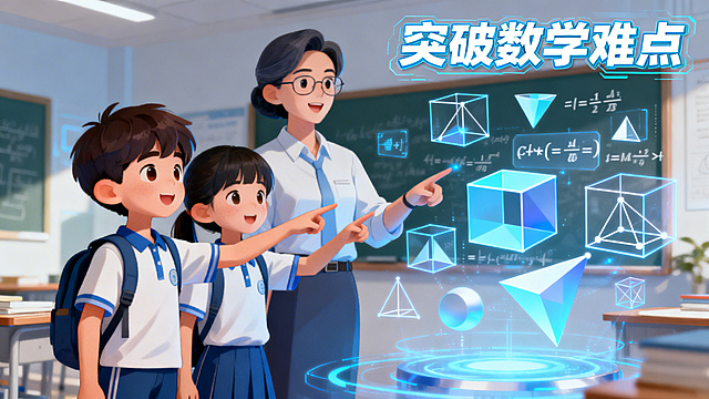 半写实插画风格，16:9比例，卡通学生与虚拟老师一起探索立体几何和代数概念，画面中有3D几何图形和方程式元素，画面右上角用科技感字体显示"突破数学难点"