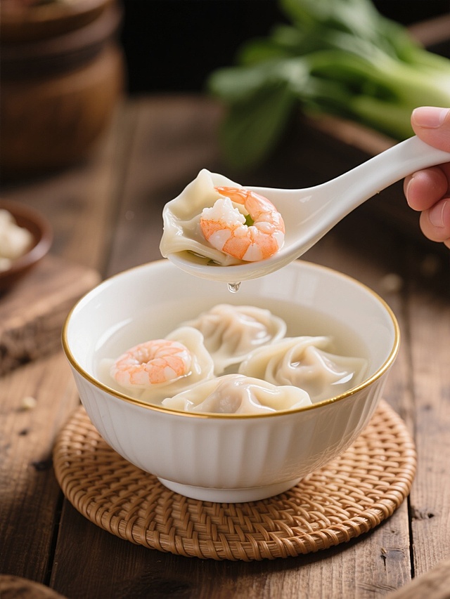 一张写实风格的美食摄影，主体是一碗盛在带有金色描边的白色瓷碗中的鲜虾馄饨，馄饨皮薄馅大，虾仁饱满可见，汤色清亮，碗置于竹编餐垫上。一只手正用白色瓷勺舀起一只馄饨，馄饨悬于碗上方，汤汁欲滴。背景为模糊的木质桌面和一些绿色蔬菜，营造出温暖家常的氛围，光线柔和，侧光勾勒出馄饨的质感和汤汁的光泽，色彩以白色、浅米色、虾肉的粉色为主，温暖自然。