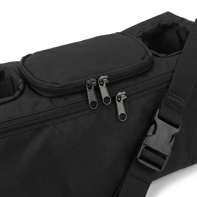Create a close-up detail image of this black stroller organizer bag, magnify the details: smooth met预览效果