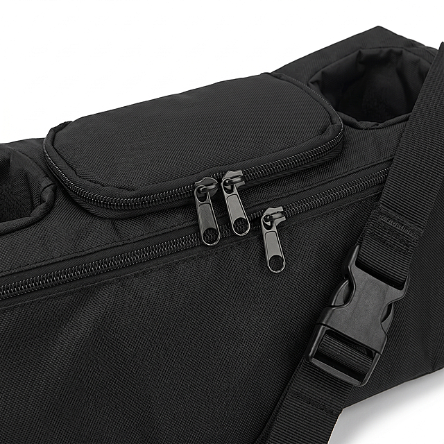 Create a close-up detail image of this black stroller organizer bag, magnify the details: smooth metal zippers, sturdy stitching, durable woven fabric texture, reinforced adjustable straps, highlight the premium craftsmanship and quality, pure white background, all text in English