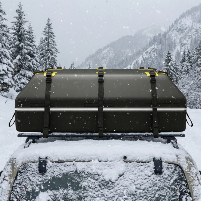 将这个黑色带黄色卡扣的车顶行李箱固定在汽车顶部，黑色带子固定在车顶，保持产品正面展示，背景为雪天场景，地面和车顶有积雪，天空飘着雪花预览效果