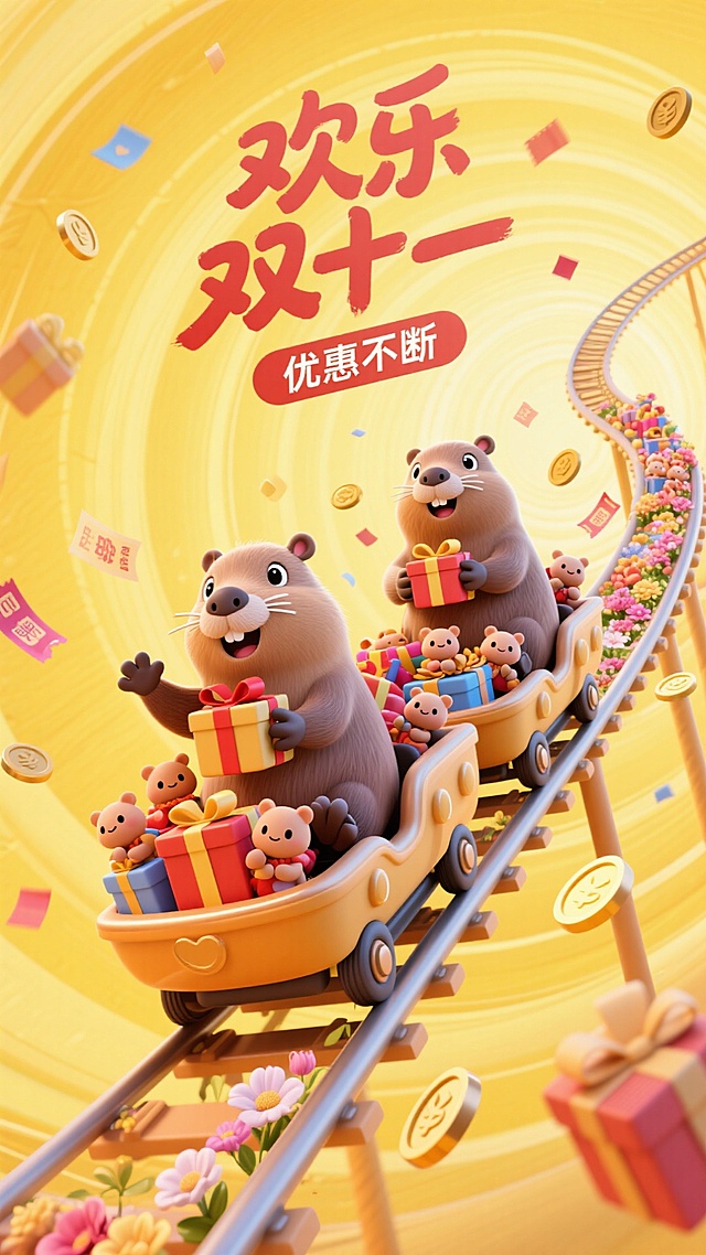 画面3D卡通风格。卡通手写体大字（主标题“欢乐双十一”，副标题“优惠不断”）。一条铺满礼品和鲜花的轨道从远处延伸出来，两个巨大的卡皮巴拉和许多抱着礼物的小卡皮巴拉坐着堆满礼物的过山车走在轨道上，动作浮夸，四周飘着优惠券和金币，黄色渐变，背景是节日氛围的漩涡。