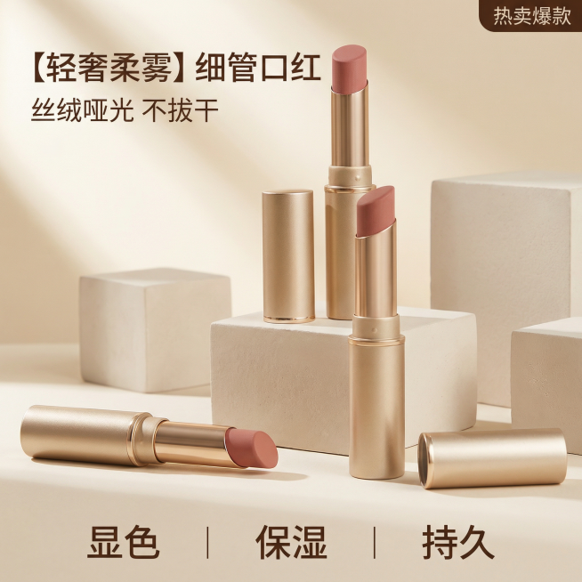 [主图 1] 轻奢金管口红首图，极简高级静物展示。氛围风格：高级轻奢美妆风，纯净柔光质感，自然窗光营造通透亮调，高级静物摄影质感。画面元素：口红产品居中摆放，保持原有金管包装与豆沙色系膏体，浅色哑光石预览效果